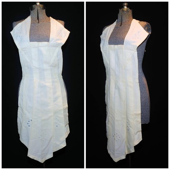 Vintage 50's Ivory Pleated Cotton Full Bib Apron Circle Embroidery Pin-On Waist - Picture 1 of 11